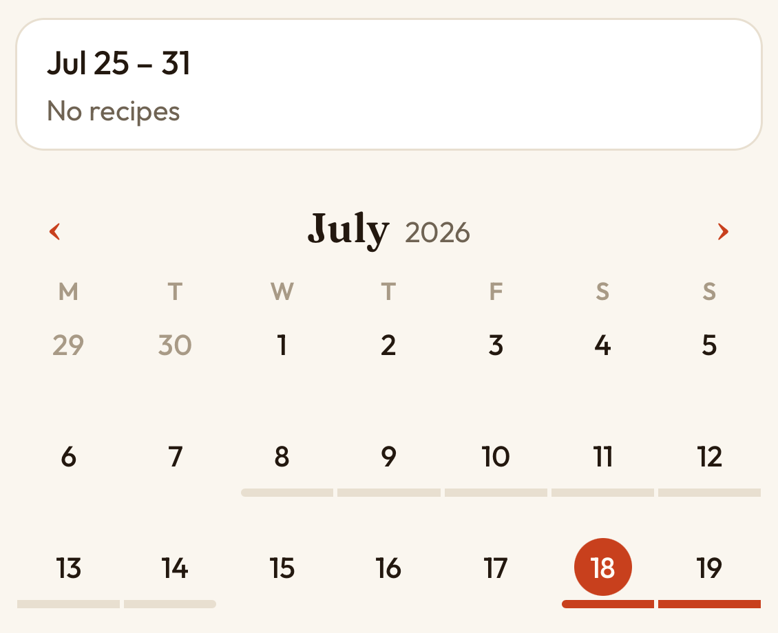 The Grublist plan calendar, a month view with colored plan bands